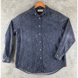 Vintage‎ Lemon Grass Shirt Womens S Pearl Snap Blue Floral Long Sleeve Cotton